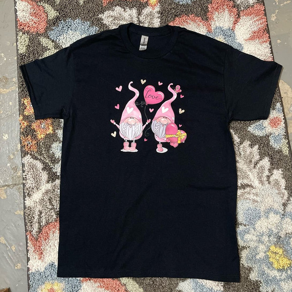 Gnomes with Balloon Womens‎ Graphic T-Shirt M Unisex Black Pink Custom NEW - Picture 2 of 3